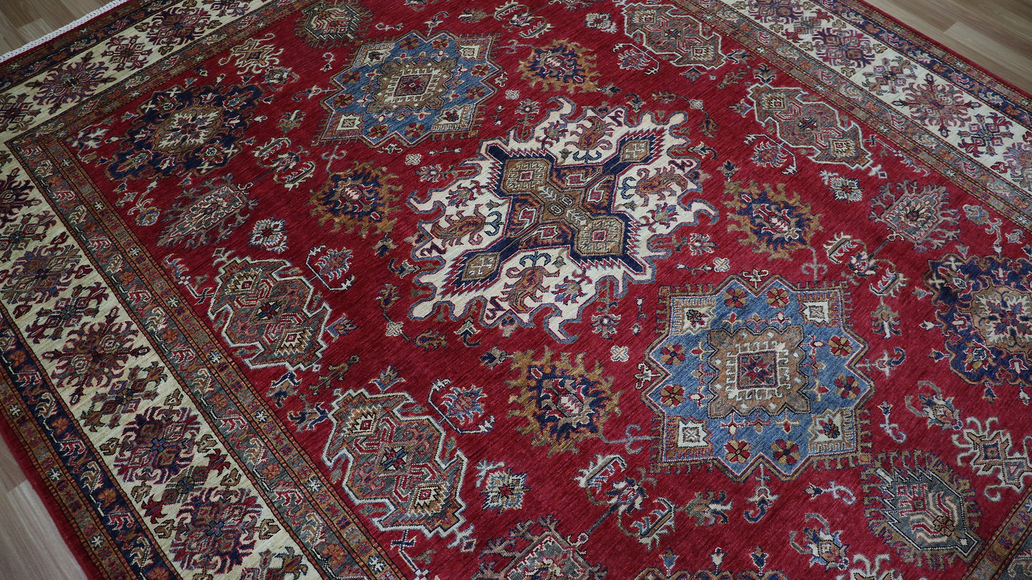 8x10 Ft Red Kazak Area Rug, Afghan Hand Knotted Wool Rectangle Carpet, Rugs For Living Room, Bedroom Rug, Dining Table Rug, Oriental Rug