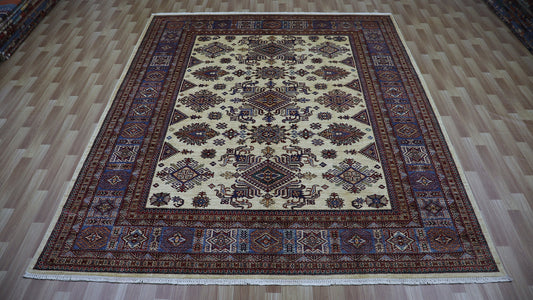 8x10 Ft Oriental Kazak Area Rug, Beige Afghan Hand Knotted Wool Traditional Rectangle Carpet, Living Room Rug, Bedroom Rug, Dining Table Rug