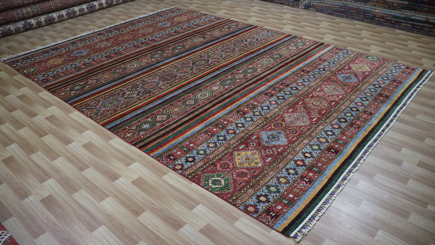 9x12 Ft Red Oriental Large Area Rug, Afghan Hand Knotted Wool Striped Rectangle Carpet, Rugs For Living Room, Bedroom Rug, Dining Table Rug