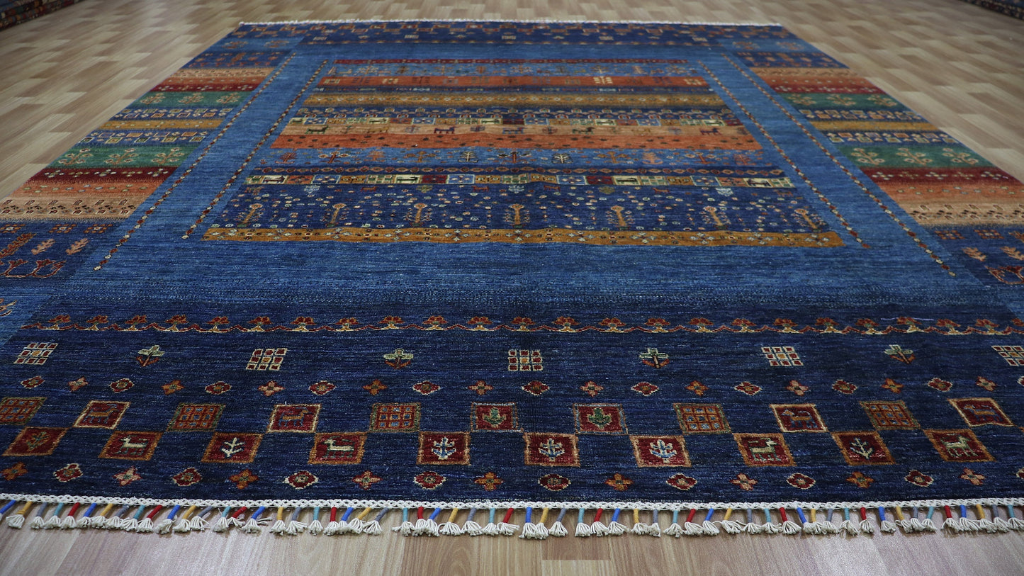 8x10 Ft Animal Design Gabbeh Area Rug, Blue Afghan Hand Knotted Wool Tribal Rectangle Carpet, Living Room Rug, Bedroom Rug, Dining Table Rug