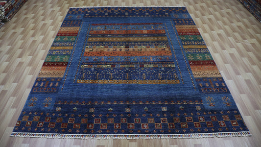 8x10 Ft Animal Design Gabbeh Area Rug, Blue Afghan Hand Knotted Wool Tribal Rectangle Carpet, Living Room Rug, Bedroom Rug, Dining Table Rug