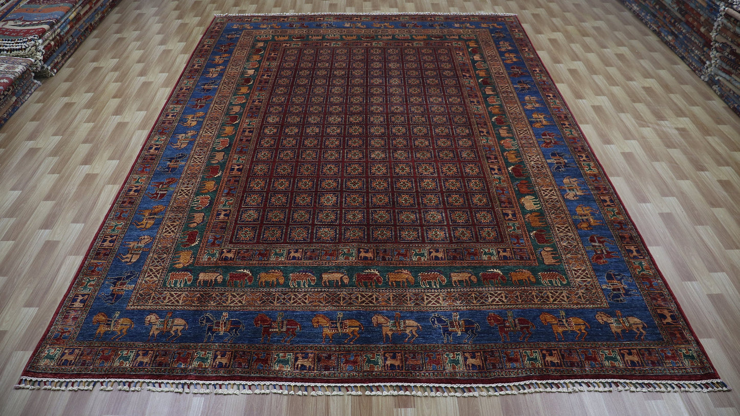 9x13 Ft Animal Design Pazyryk Large Area Rug, Afghan Hand Knotted Wool Tribal Rectangle Carpet, Living Room Rug, Bedroom Rug, Kids Room Rug
