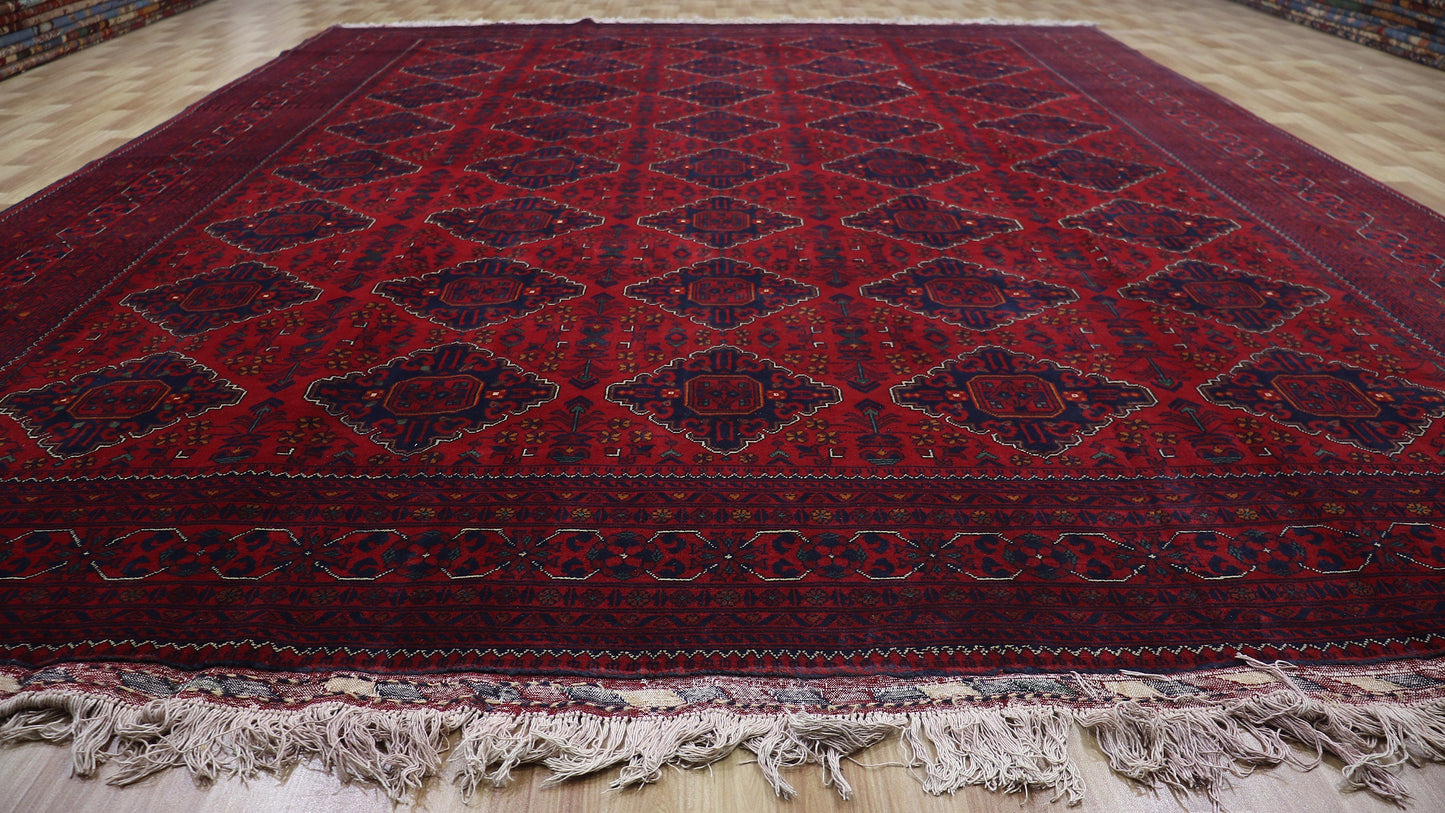 10x12 Ft Bokhara Oriental Area Rug, Red Afghan Hand Knotted Wool Traditional Rectangle Carpet, Rugs For Living Room, Bedroom Rug, Office Rug