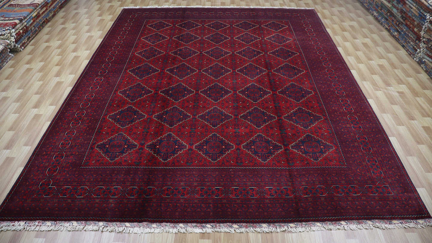 10x12 Ft Oriental Bokhara Area Rug, Red Afghan Hand Knotted Wool Traditional Rectangle Carpet, Living Room Rug, Bedroom Rug, Kids Room Rug