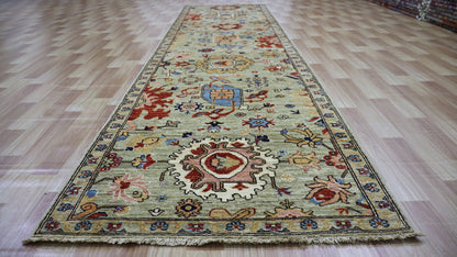 12 ft Persian Bidjar Runner Rug, Sage Green Hand Knotted Wool Traditional Carpet, Rugs For Entryway, Hallway Rug, Foyer Rug, Kitchen Rug