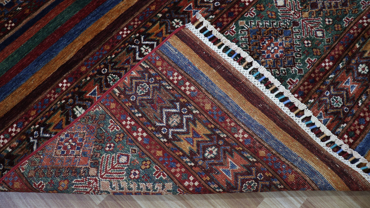 6x8 ft Striped Afghan Area Rug, Multicolor Bidjar Hand Knotted Wool Traditional Carpet, Rugs For Living Room, Bedroom Rug, Dining Table Rug,