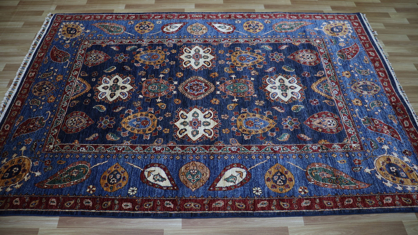 6x8 ft Gabbeh Area Rug, Blue Afghan Hand Knotted Wool Traditional Carpet, Rugs For Living Room, Bedroom Rug, Dining Table Rug, Floral Rug