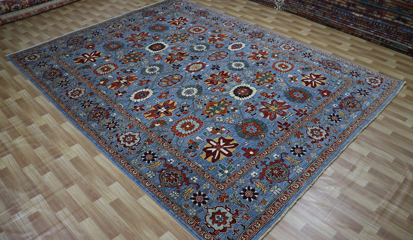 9x12 Ft Oriental Area Rug, Blue Afghan Hand Knotted Wool Traditional Carpet, Rugs For Living Room, Bedroom Rug, Dining Table Rug, Floral Rug