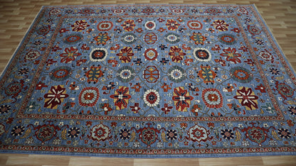 9x12 Ft Oriental Area Rug, Blue Afghan Hand Knotted Wool Traditional Carpet, Rugs For Living Room, Bedroom Rug, Dining Table Rug, Floral Rug