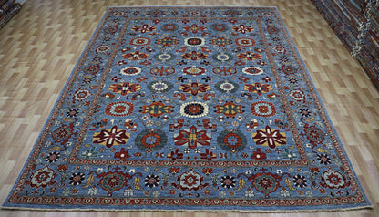 9x12 Ft Oriental Area Rug, Blue Afghan Hand Knotted Wool Traditional Carpet, Rugs For Living Room, Bedroom Rug, Dining Table Rug, Floral Rug