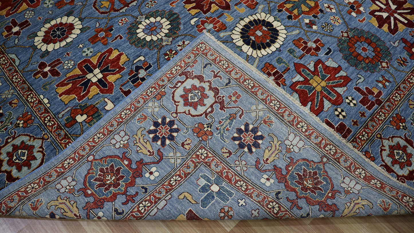 9x12 Ft Oriental Area Rug, Blue Afghan Hand Knotted Wool Traditional Carpet, Rugs For Living Room, Bedroom Rug, Dining Table Rug, Floral Rug