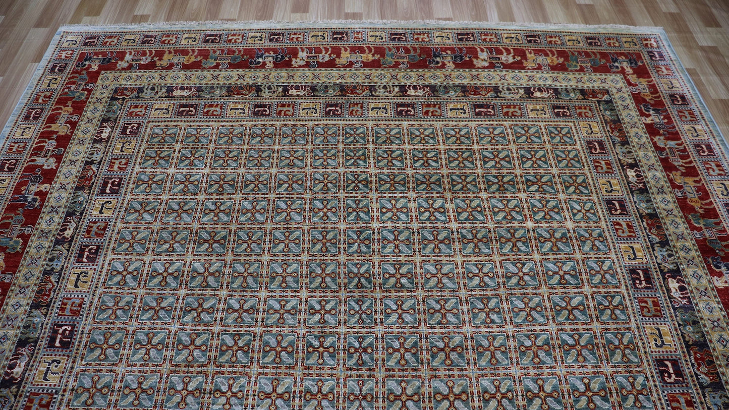 9x9 Ft Pazyryk Square Area Rug, Afghan Hand Knotted Wool Traditional Carpet, Rugs For Living Room, Bedroom Rug, Dining Table Rug, Animal Rug