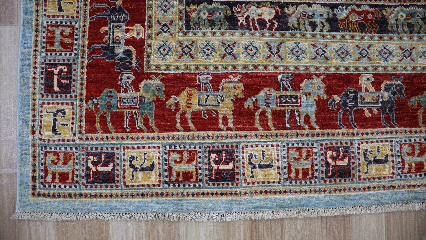 9x9 Ft Pazyryk Square Area Rug, Afghan Hand Knotted Wool Traditional Carpet, Rugs For Living Room, Bedroom Rug, Dining Table Rug, Animal Rug