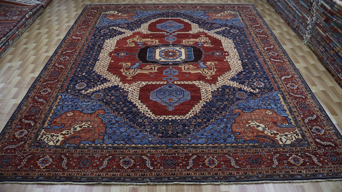 12x15 Ft Heriz Large Area Rug, Blue Red Persian Style Hand Knotted Wool Medallion Carpet, Rug For Living Room, Bedroom Rug, Dining Table Rug