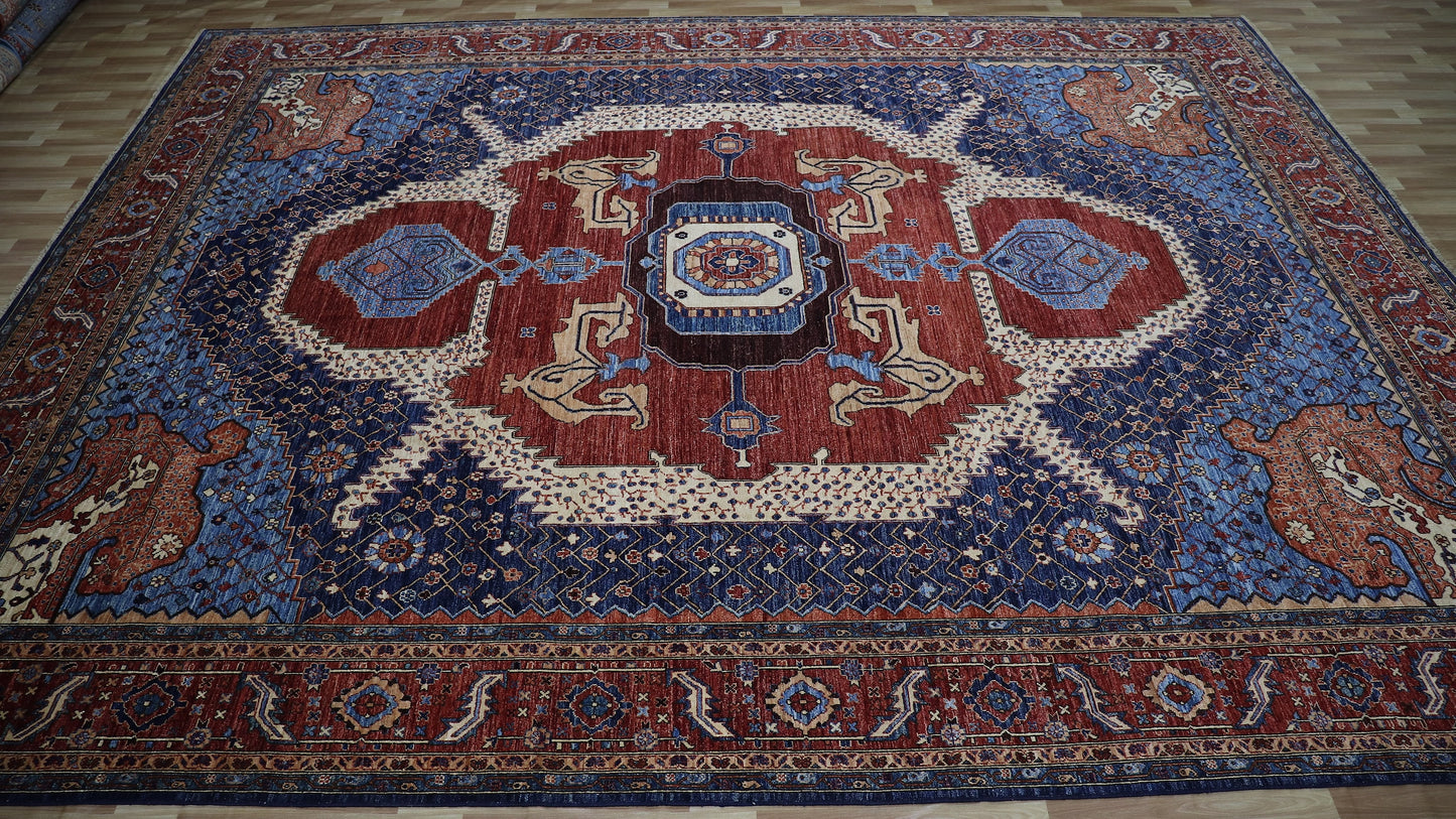 12x15 Ft Heriz Large Area Rug, Blue Red Persian Style Hand Knotted Wool Medallion Carpet, Rug For Living Room, Bedroom Rug, Dining Table Rug