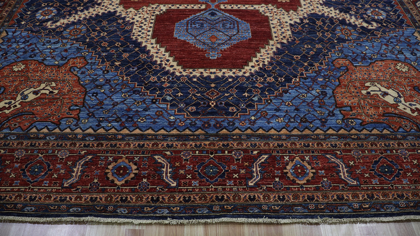 12x15 Ft Heriz Large Area Rug, Blue Red Persian Style Hand Knotted Wool Medallion Carpet, Rug For Living Room, Bedroom Rug, Dining Table Rug