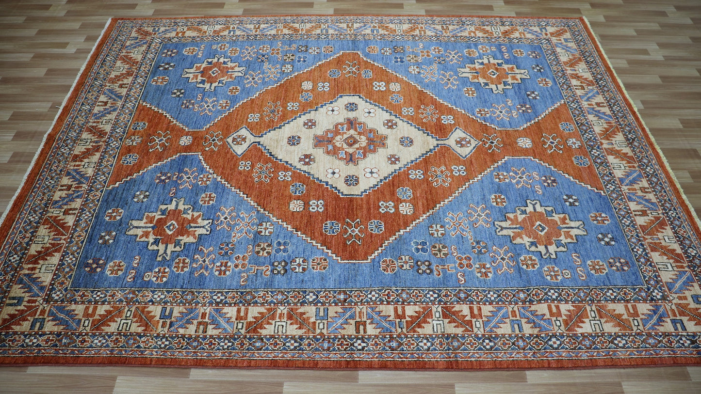 8x10 Ft Tribal Area Rug, Blue/Rust Red Afghan Hand Knotted Wool Traditional Carpet, Rugs For Living Room, Bedroom Rug, Dining Table Rug