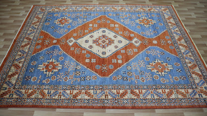 8x10 Ft Tribal Area Rug, Blue/Rust Red Afghan Hand Knotted Wool Traditional Carpet, Rugs For Living Room, Bedroom Rug, Dining Table Rug