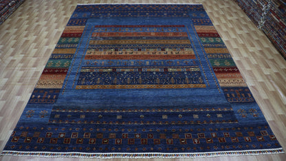 9x12 ft Gabbeh Area Rug, Blue Persian Tribal Hand Knotted Wool Traditional Carpet, Rugs For Living Room, Bedroom Rug, Dining Table Rug