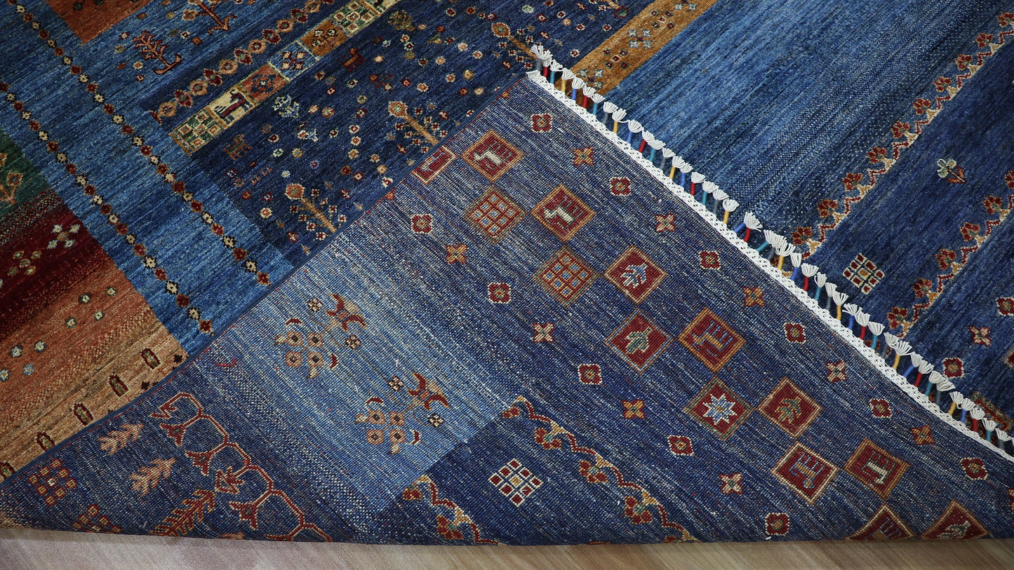 9x12 ft Gabbeh Area Rug, Blue Persian Tribal Hand Knotted Wool Traditional Carpet, Rugs For Living Room, Bedroom Rug, Dining Table Rug