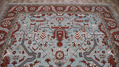 9x12 Ft Oriental Area Rug, Light Blue/Rust Red Afghan Hand Knotted Wool Traditional Carpet, Rugs For Living Room, Bedroom Rug, Large Rug