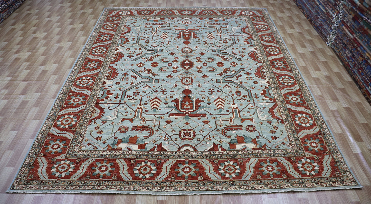 9x12 Ft Oriental Area Rug, Light Blue/Rust Red Afghan Hand Knotted Wool Traditional Carpet, Rugs For Living Room, Bedroom Rug, Large Rug