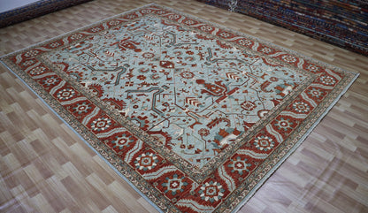 9x12 Ft Oriental Area Rug, Light Blue/Rust Red Afghan Hand Knotted Wool Traditional Carpet, Rugs For Living Room, Bedroom Rug, Large Rug