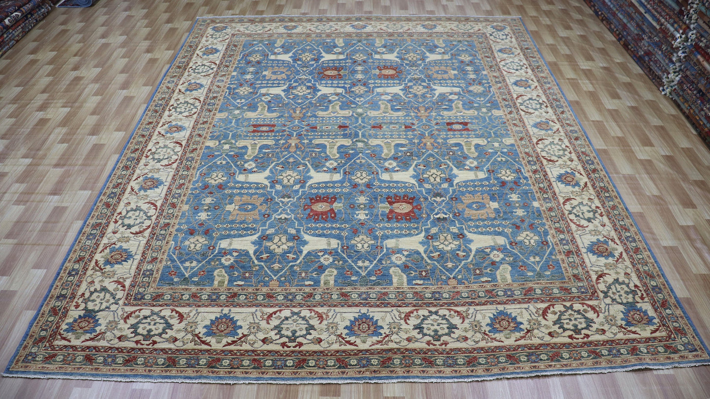 9x12 Ft Bidjar Persian Style Area Rug, Blue Beige Hand Knotted Wool Traditional Carpet, Rugs For Living Room, Bedroom Rug, Dining Table Rug,