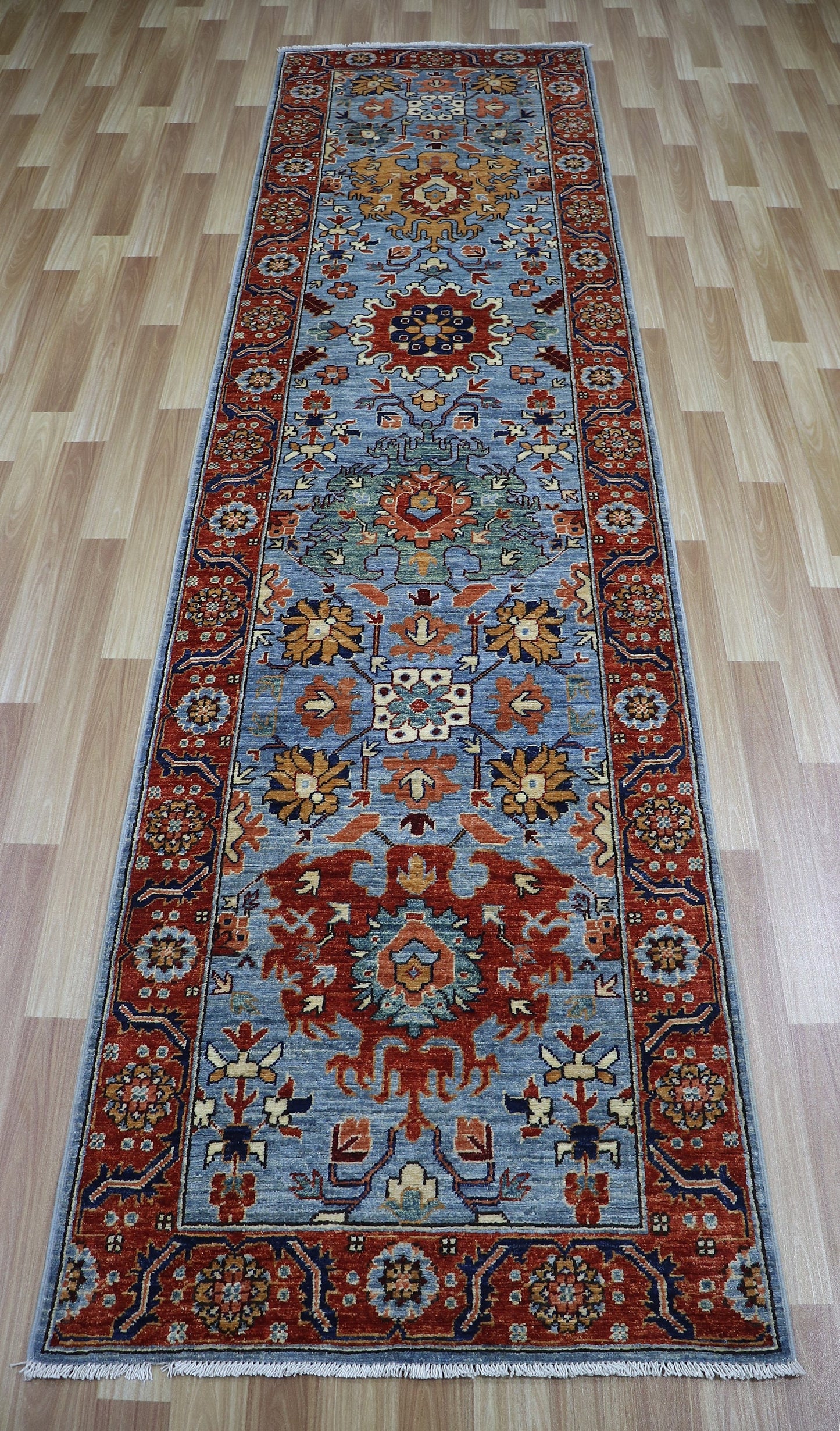 10 ft Persian Style Harshang Runner Rug, Blue Hand Knotted Wool Traditional Carpet, Rug for hallway, Entryway Rug, Kitchen Rug, Foyer Rug