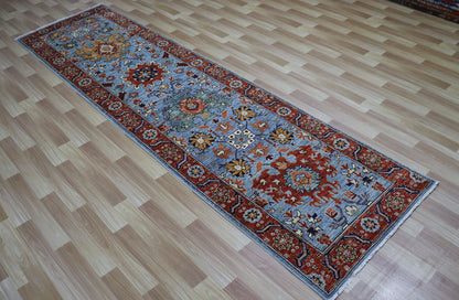 10 ft Persian Style Harshang Runner Rug, Blue Hand Knotted Wool Traditional Carpet, Rug for hallway, Entryway Rug, Kitchen Rug, Foyer Rug