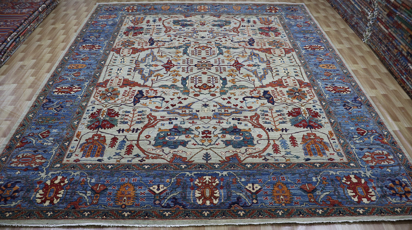 12x15 ft Persian Style Bidjar Area Rug, Beige Blue Hand Knotted Wool Traditional Carpet, Rugs For Living Room, Bedroom Rug, Dining Table Rug