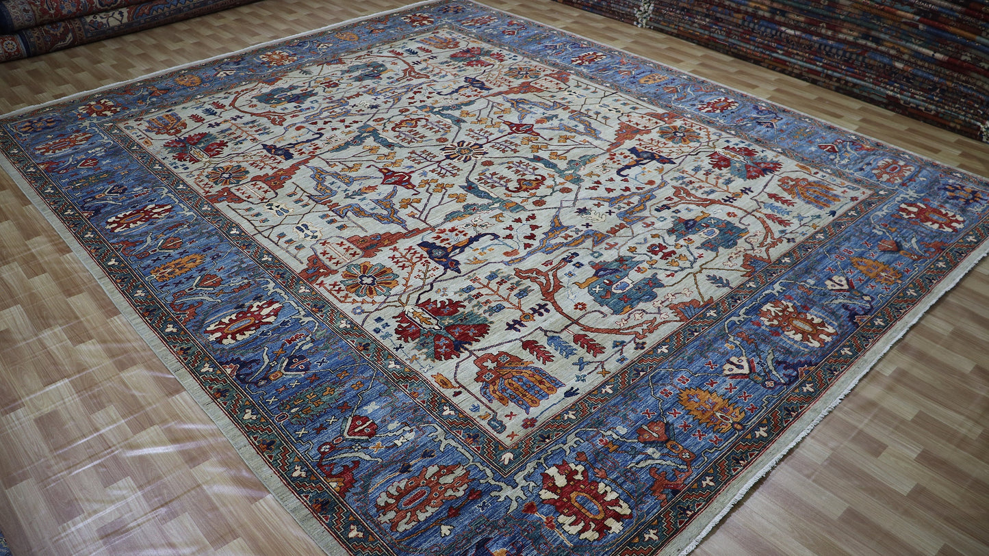 12x15 ft Persian Style Bidjar Area Rug, Beige Blue Hand Knotted Wool Traditional Carpet, Rugs For Living Room, Bedroom Rug, Dining Table Rug