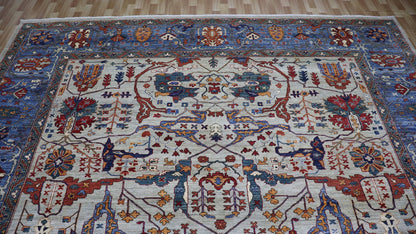 12x15 ft Persian Style Bidjar Area Rug, Beige Blue Hand Knotted Wool Traditional Carpet, Rugs For Living Room, Bedroom Rug, Dining Table Rug