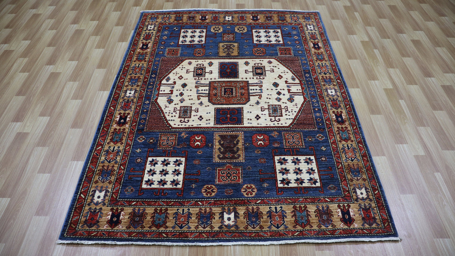 5x7  ft Tribal Area Rug, Blue Afghan Hand Knotted Wool Traditional Rectangle Carpet, Rugs For Living Room, Bedroom Rug, Dining Table Rug