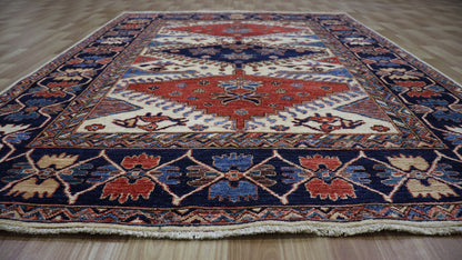 5x7 ft Oriental Area Rug, Blue Afghan Hand Knotted Wool Traditional Rectangle Carpet, Rugs For Living Room, Bedroom Rug, Dining Table Rug