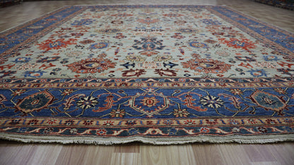 9x12 ft Harshang Bidjar Area Rug, Blue Beige Afghan Hand Knotted Wool Traditional Carpet, Rugs For Living Room, Bedroom Rug,Dining Table Rug