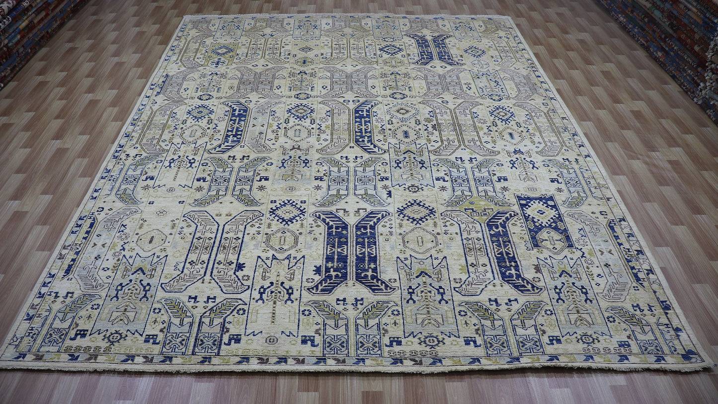 9x12 ft Oriental Area Rug, Beige Afghan Hand Knotted Wool Traditional Rectangle Carpet, Rugs For Living Room, Bedroom Rug, Dining Table Rug