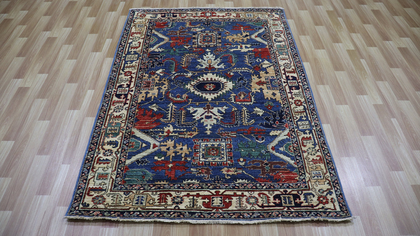 4x6 Ft Oriental Bidjar Area Rug, Blue Afghan Hand Knotted Wool Traditional Rectangle Carpet, Rugs For Living Room, Bedroom Rug, Entryway Rug