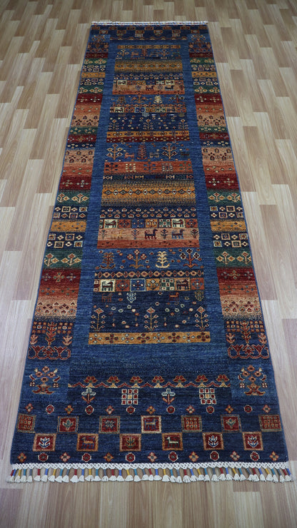 9 Ft Gabbeh Tribal Runner Rug, Blue Afghan Hand Knotted Wool Traditional Rectangle Carpet, Entryway Rug, Hallway Rug, Kitchen Rug, Foyer Rug