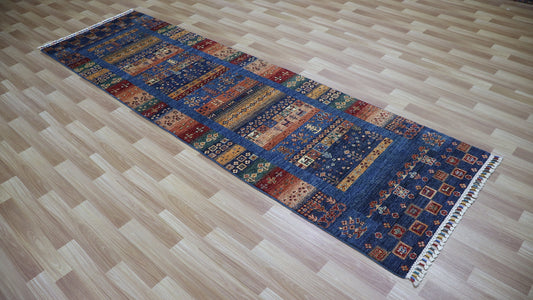 9 Ft Gabbeh Tribal Runner Rug, Blue Afghan Hand Knotted Wool Traditional Rectangle Carpet, Entryway Rug, Hallway Rug, Kitchen Rug, Foyer Rug