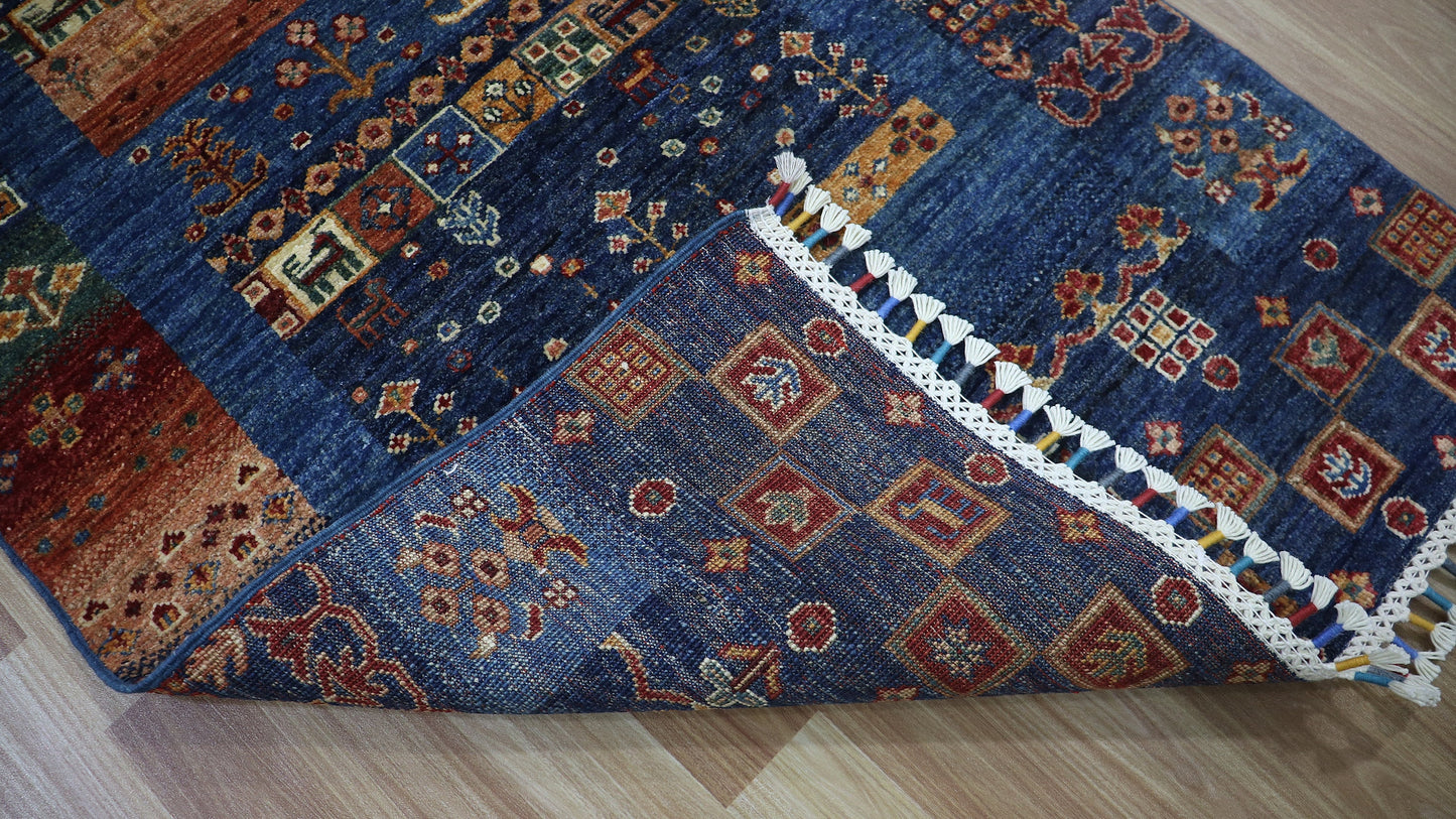 9 Ft Gabbeh Tribal Runner Rug, Blue Afghan Hand Knotted Wool Traditional Rectangle Carpet, Entryway Rug, Hallway Rug, Kitchen Rug, Foyer Rug