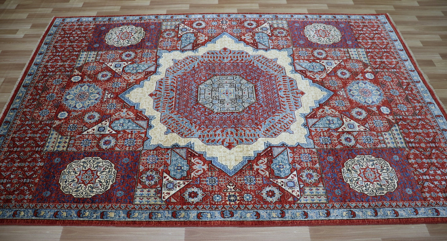 6x9 ft Turkish Mamluk Area Rug, Red Medallion Hand Knotted Wool Traditional Carpet, Rugs For Living Room, Bedroom Rug, Dining Table Rug,