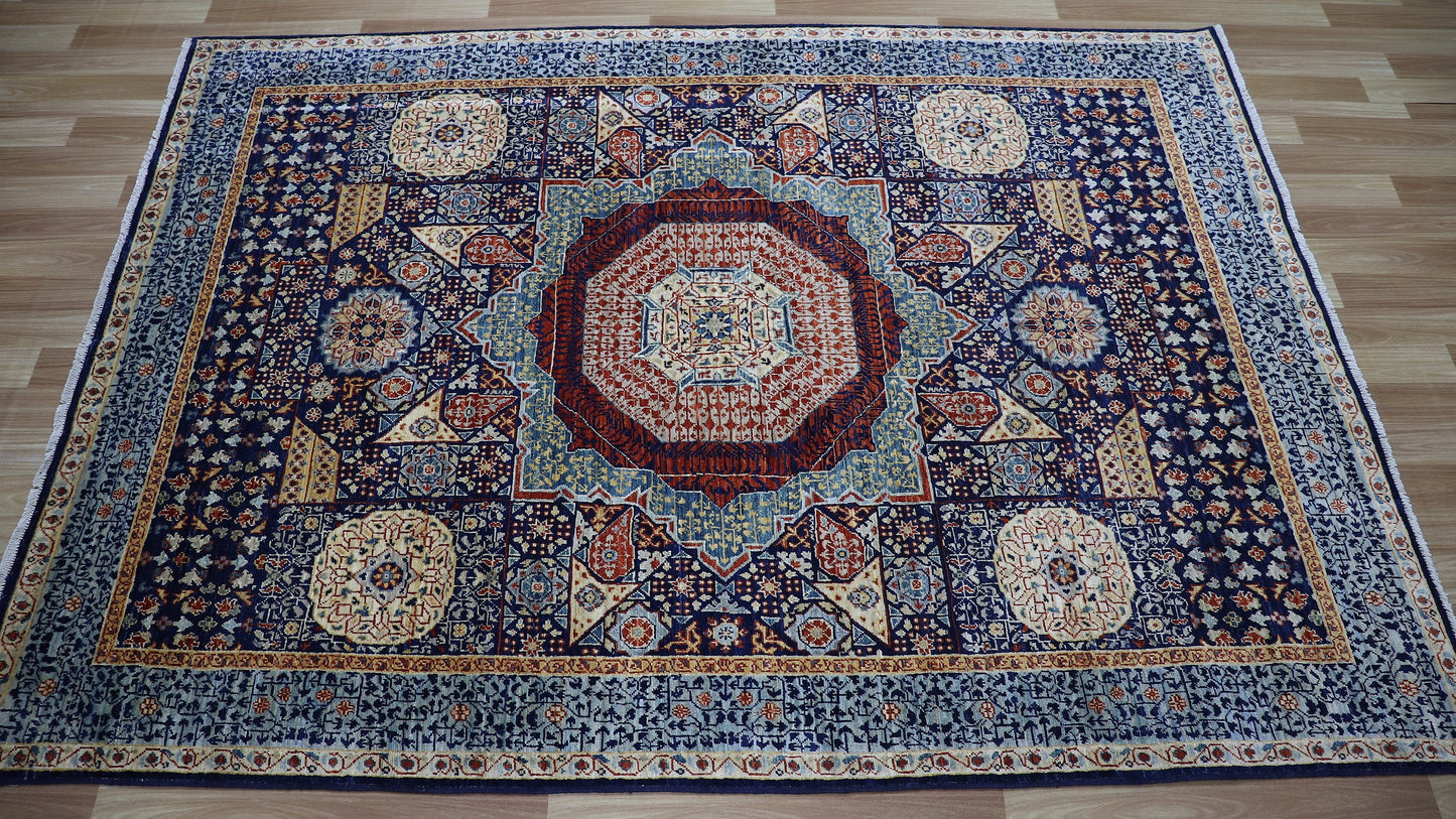 5x7 Ft Turkish Mamluk Area Rug, Blue Medallion Hand Knotted Wool Traditional Carpet, Rugs For Living Room, Bedroom Rug, Dining Table Rug