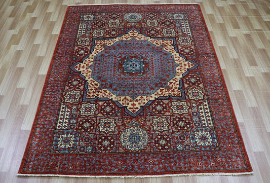 5x7 Ft Mamluk Area Rug, Red Afghan Hand Knotted Wool Traditional Carpet, Rugs For Living Room, Bedroom Rug, Dining Table Rug, Medallion Rug