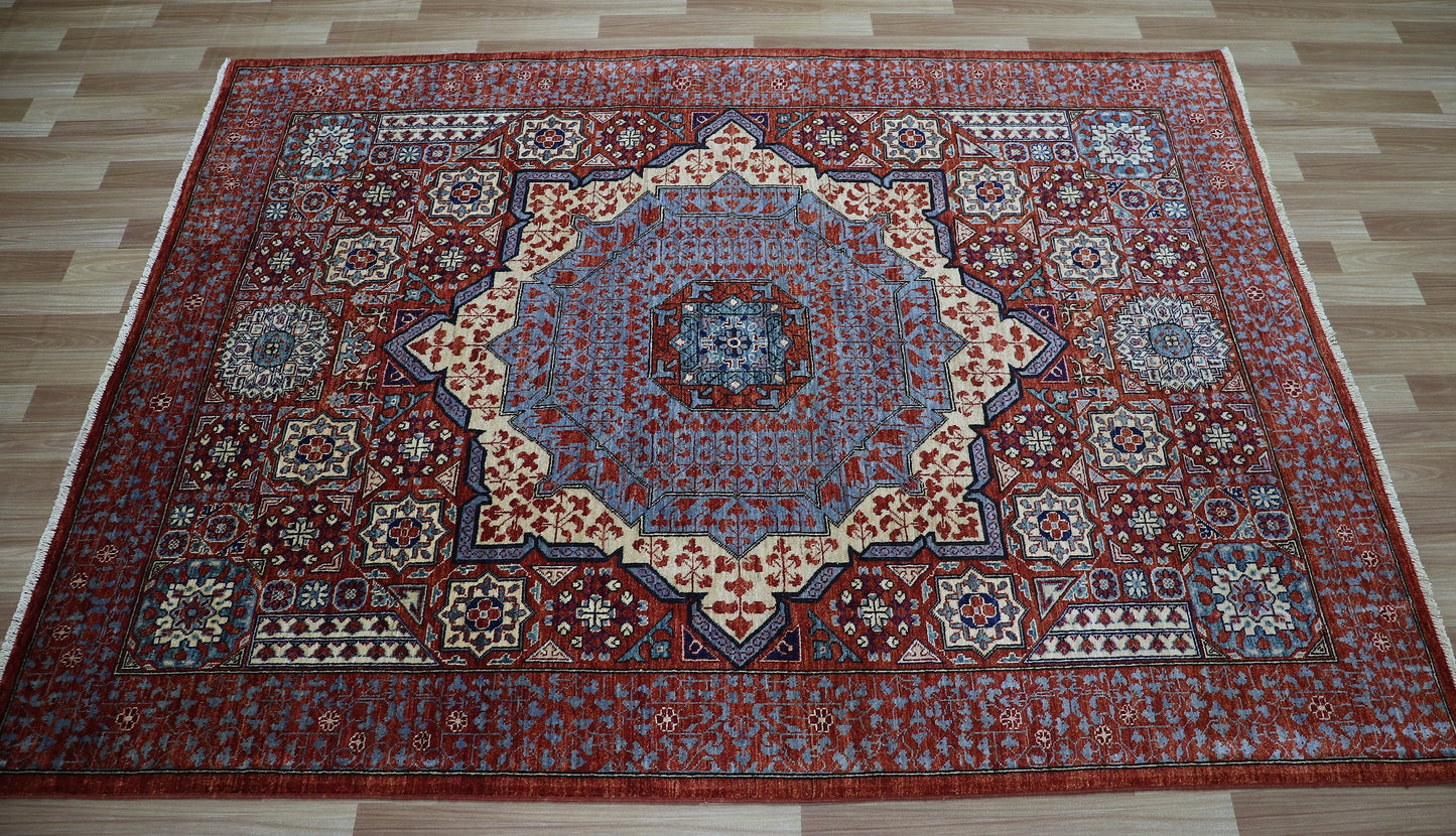 5x7 Ft Mamluk Area Rug, Red Afghan Hand Knotted Wool Traditional Carpet, Rugs For Living Room, Bedroom Rug, Dining Table Rug, Medallion Rug