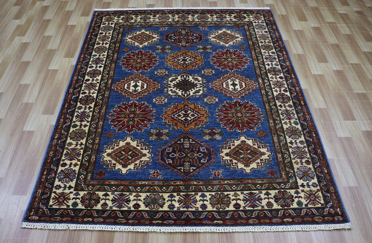 5x7 ft Oriental Area Rug, Blue Afghan Hand Knotted Wool Traditional Carpet, Rugs For Living Room, Bedroom Rug, Dining Table Rug, Kitchen Rug