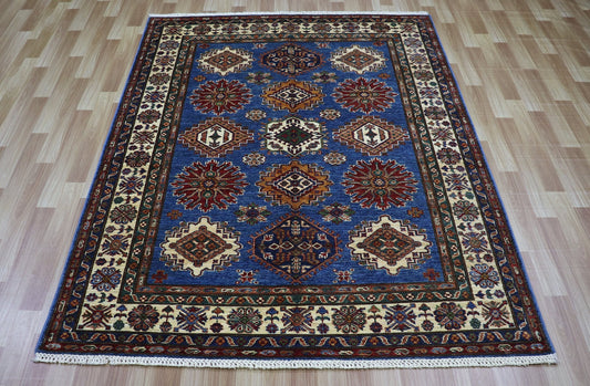 5x7 ft Oriental Area Rug, Blue Afghan Hand Knotted Wool Traditional Carpet, Rugs For Living Room, Bedroom Rug, Dining Table Rug, Kitchen Rug