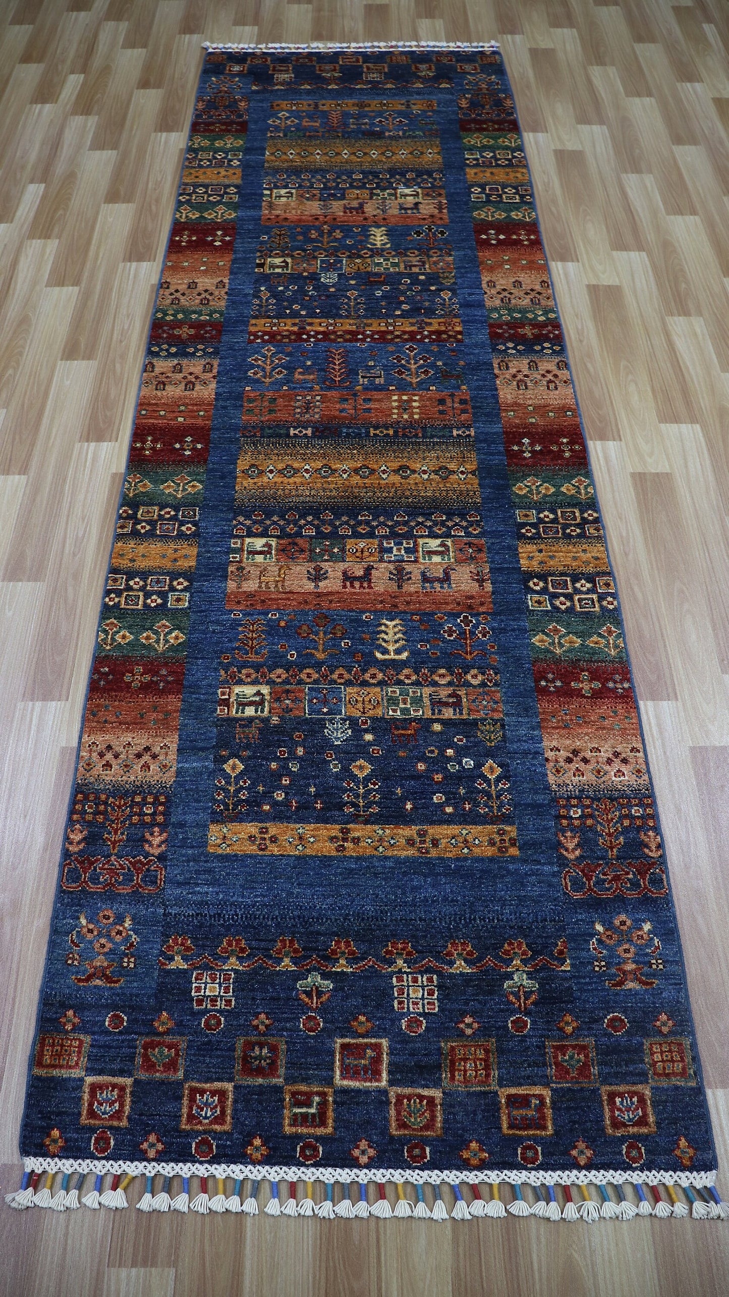 9 Ft Tribal Gabbeh Runner Rug, Blue Afghan Hand Knotted Wool Traditional Rectangle Carpet, Entryway Rug, Hallway Rug, Kitchen Rug, Foyer Rug