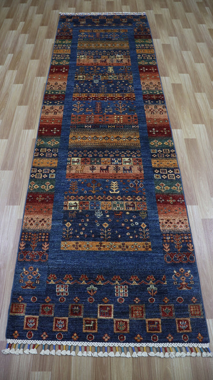 9 Ft Tribal Gabbeh Runner Rug, Blue Afghan Hand Knotted Wool Traditional Rectangle Carpet, Entryway Rug, Hallway Rug, Kitchen Rug, Foyer Rug