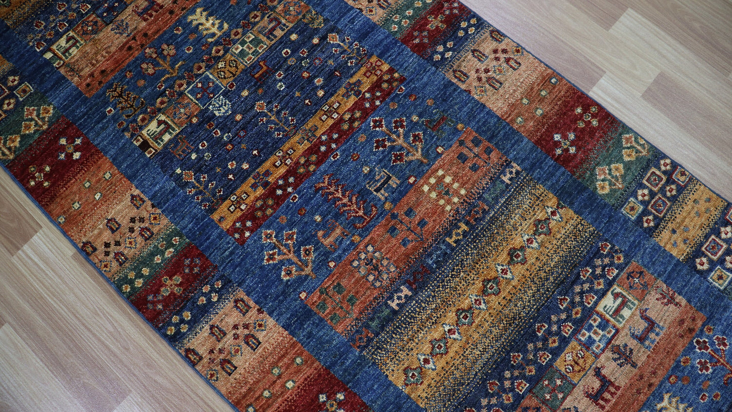 9 Ft Tribal Gabbeh Runner Rug, Blue Afghan Hand Knotted Wool Traditional Rectangle Carpet, Entryway Rug, Hallway Rug, Kitchen Rug, Foyer Rug